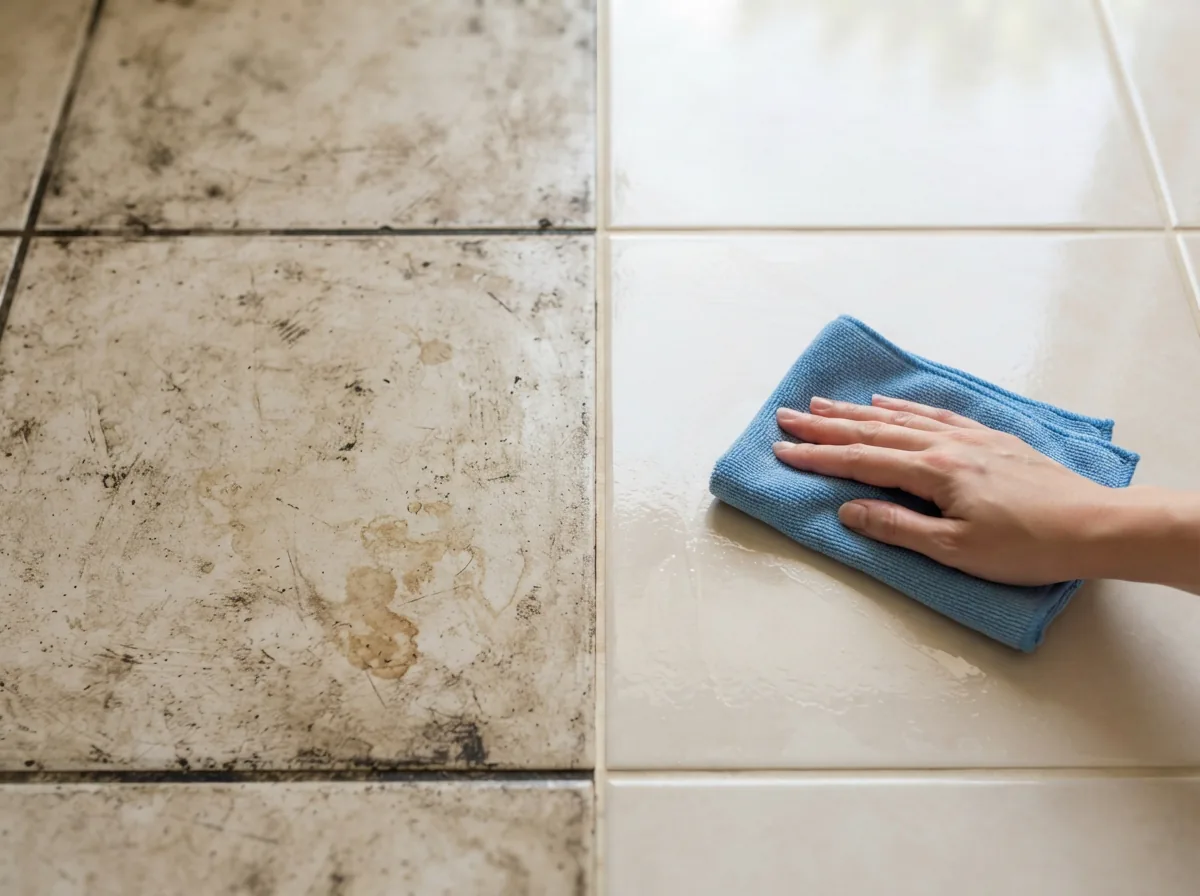 Before and after comparison of a dirty ceramic floor tile being cleaned to a brilliant shine.