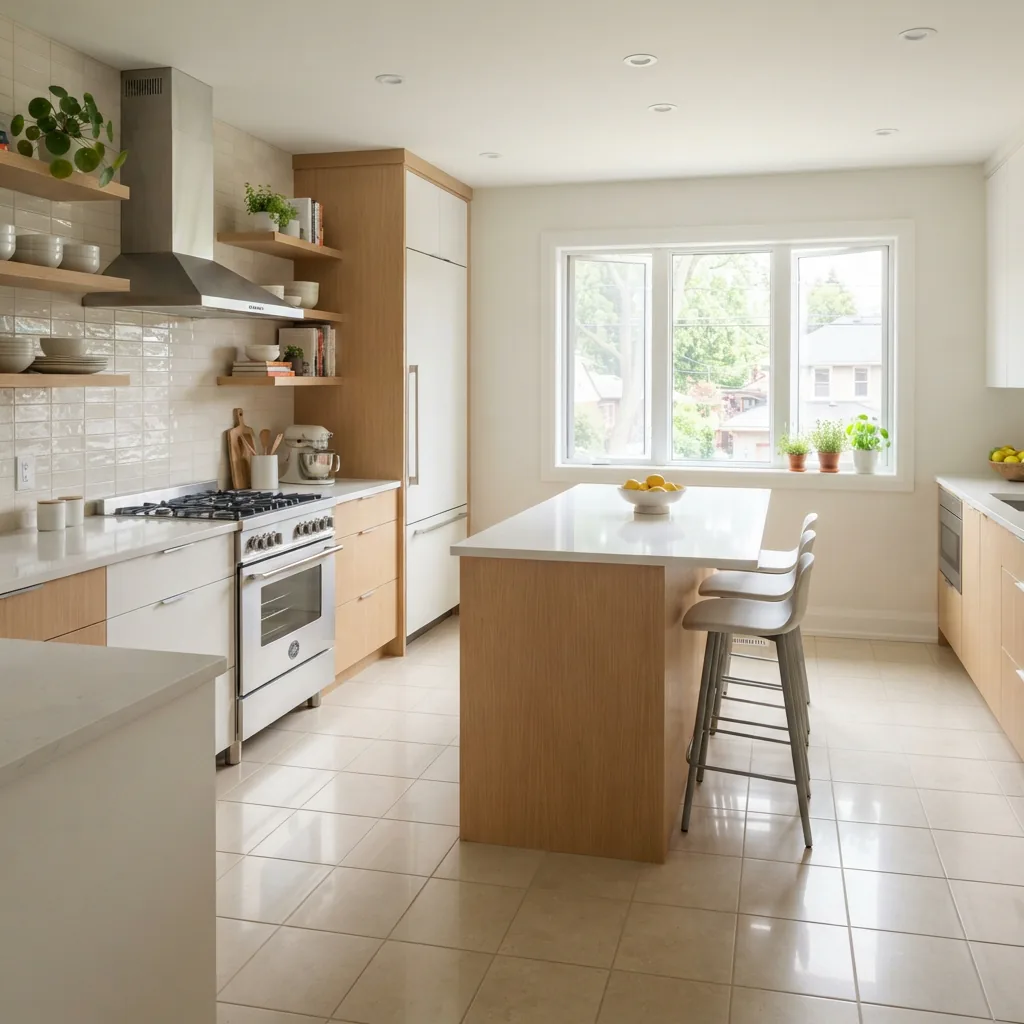 A clean, modern kitchen with a sealed ceramic tile floor and backsplash.