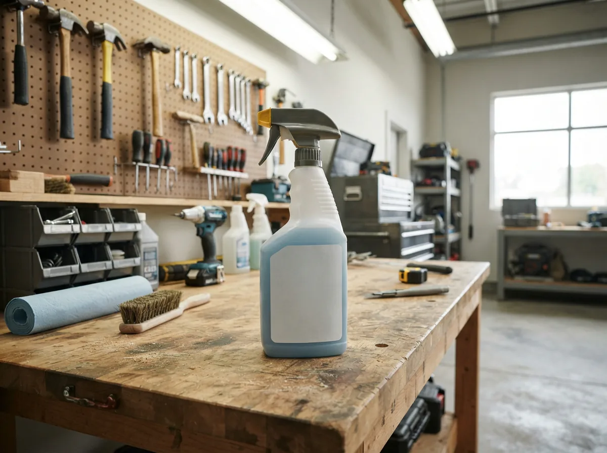 The featured heavy-duty floor & grout cleaner bottle in a workshop setting.