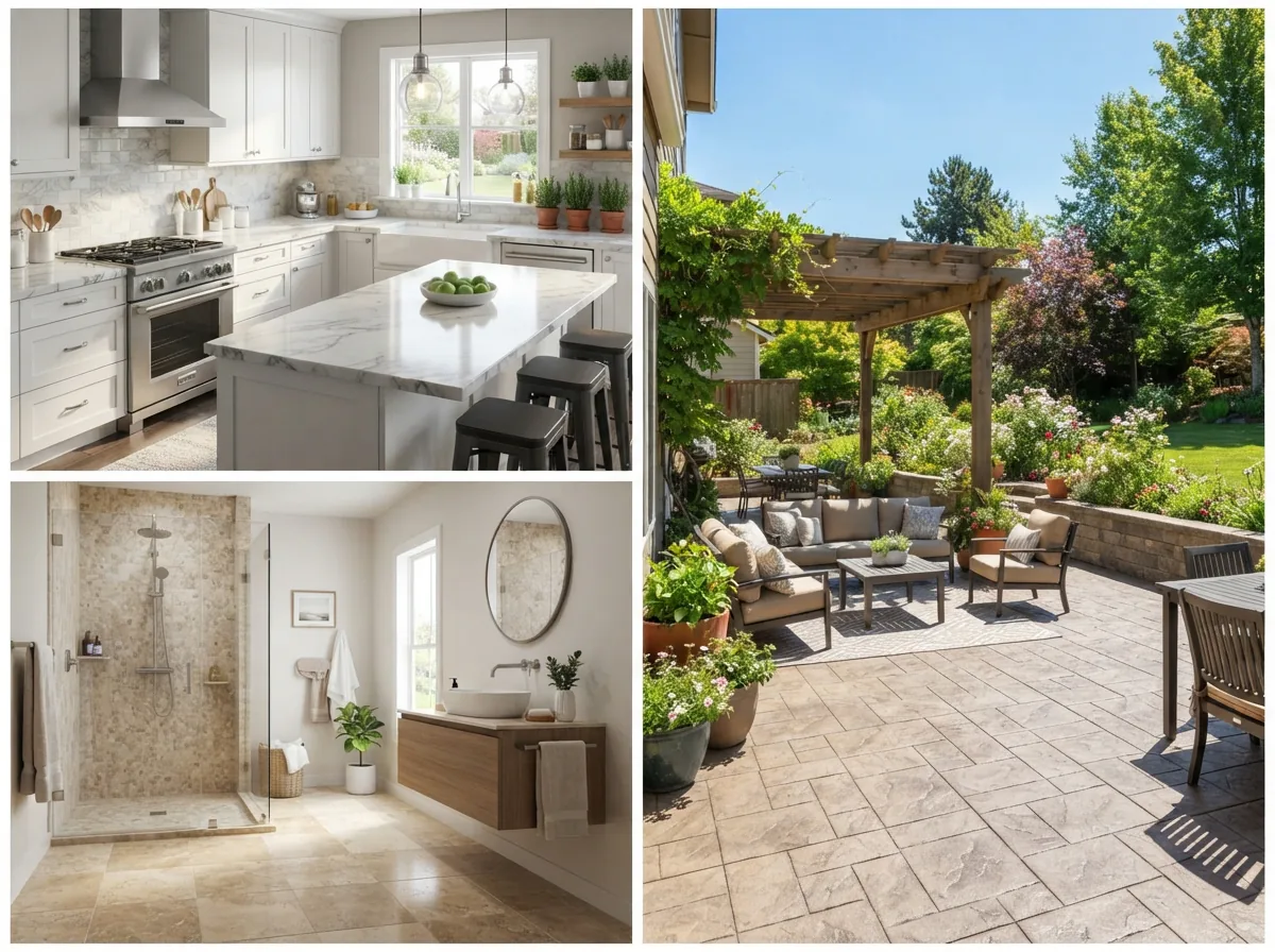 A collage of sealed surfaces including a kitchen countertop, a bathroom floor, and a patio.