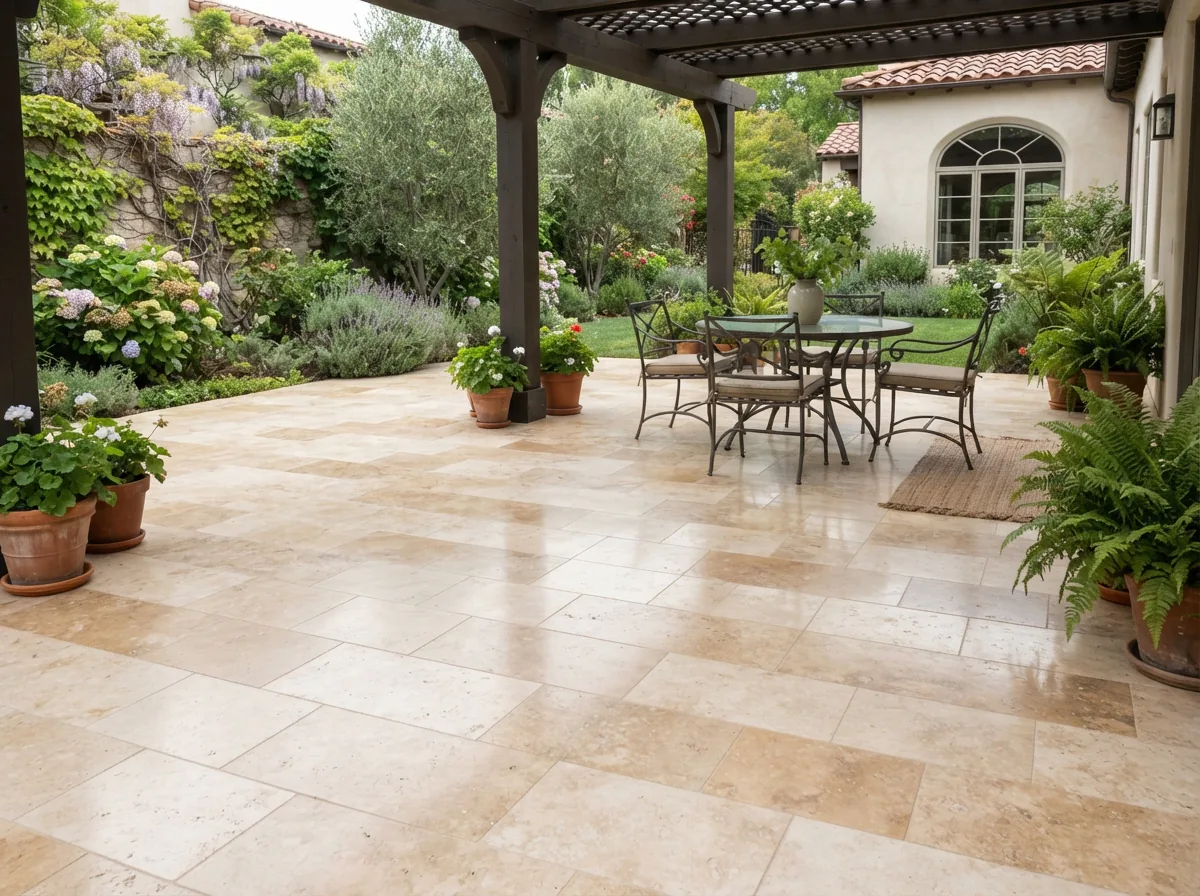 A beautiful outdoor patio with sealed travertine tiles, showing no signs of water damage or staining.