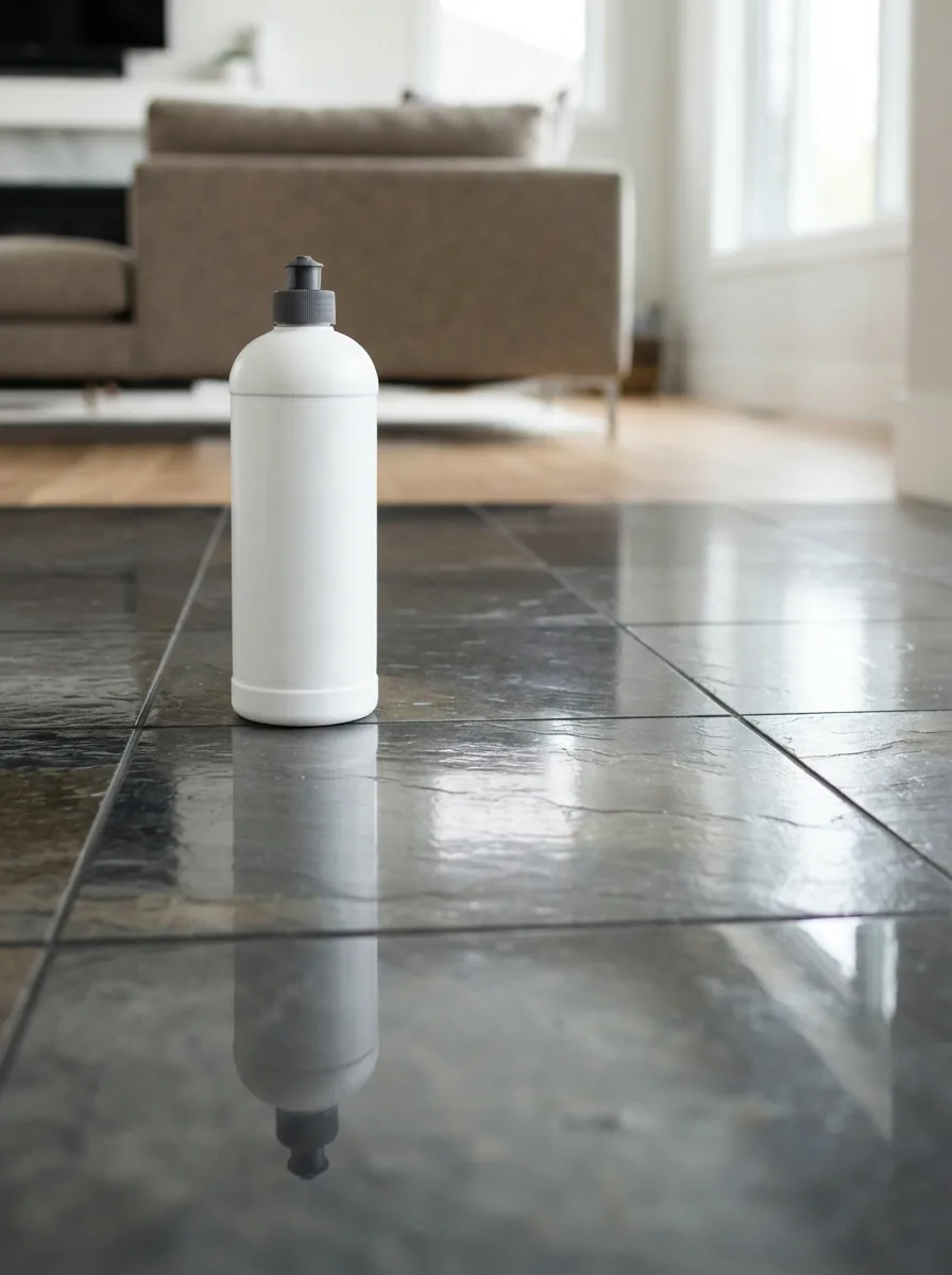 A pristine, sealed slate floor reflecting a bottle of Miracle Sealants floor cleaner.