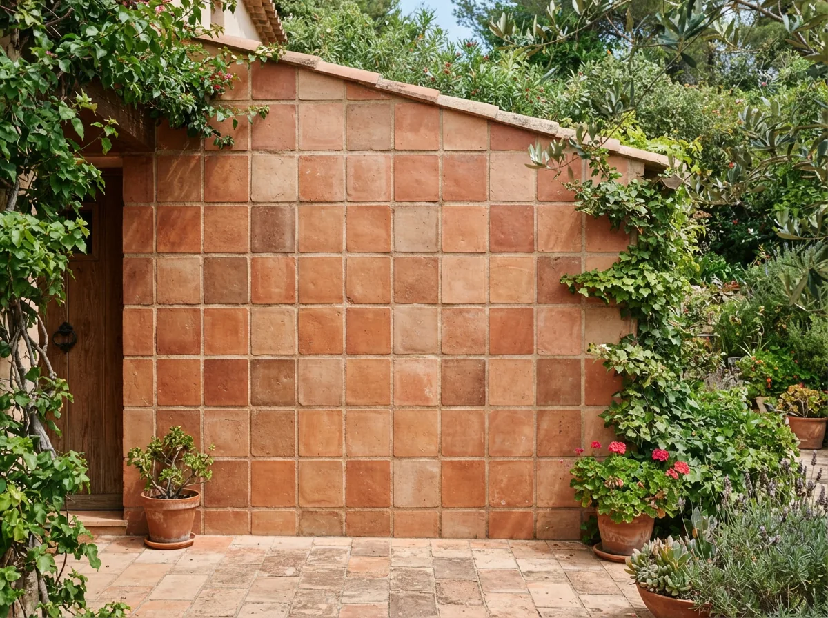 A terracotta tile wall outdoors, sealed and showing a rich, protected color without a glossy film.