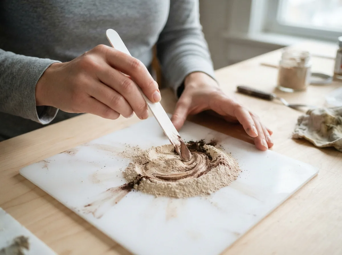 Hands blending light and dark powders on a white mixing stick to create a custom color.