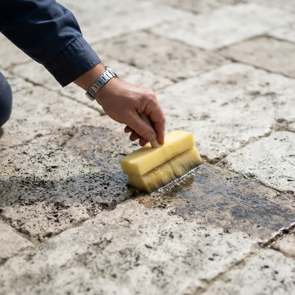 A brush applying a clear coat of sealer to a section of natural stone pavers.