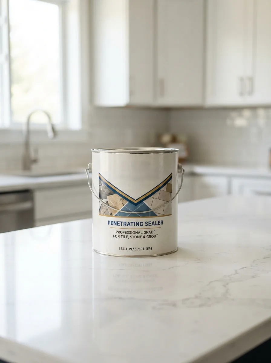 A one-gallon container of Miracle Sealants 511 Impregnator Advanced Penetrating Sealer on a clean, modern kitchen countertop.