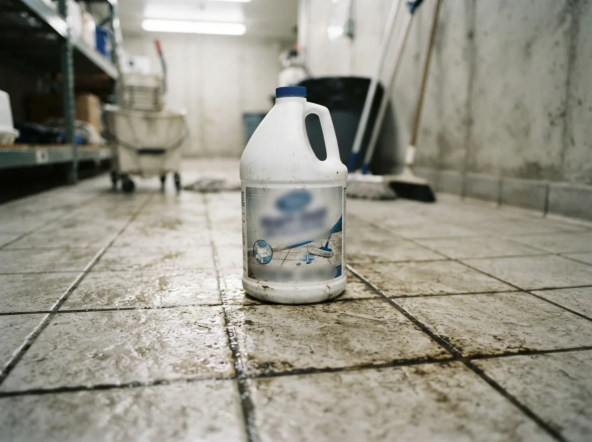 A gallon jug of the heavy-duty floor & grout cleaner on a textured tile floor.