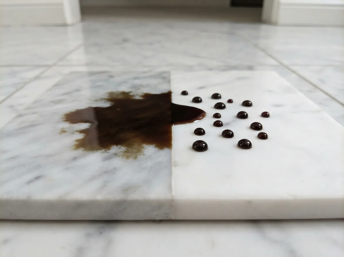Side-by-side comparison of sealed and unsealed marble tile, showing the sealed side repelling a dark liquid spill.