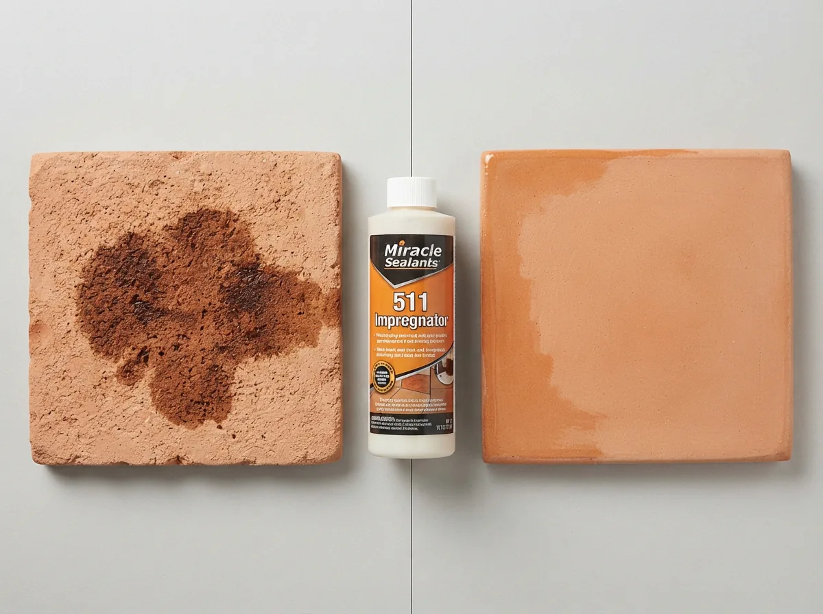 A comparison image showing an unsealed stained tile next to a clean, sealed tile of the same type.