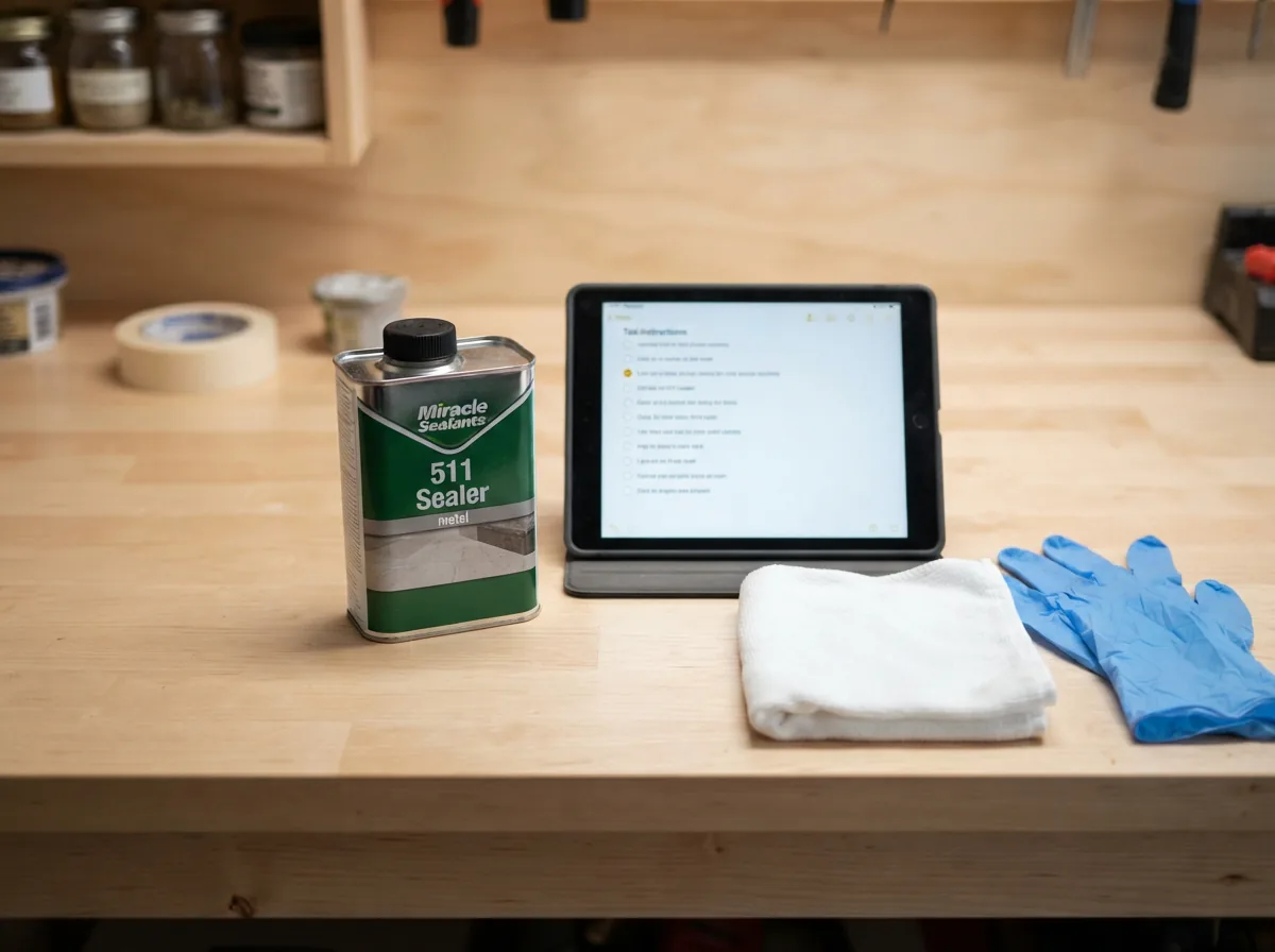 A person reviewing application instructions on a tablet next to a can of sealer and cleaning supplies.