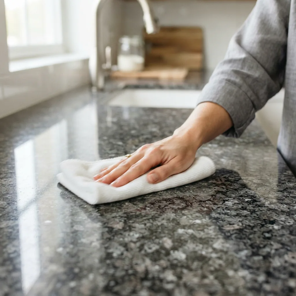 Buffing excess sealer from a sealed granite surface with a clean cloth.