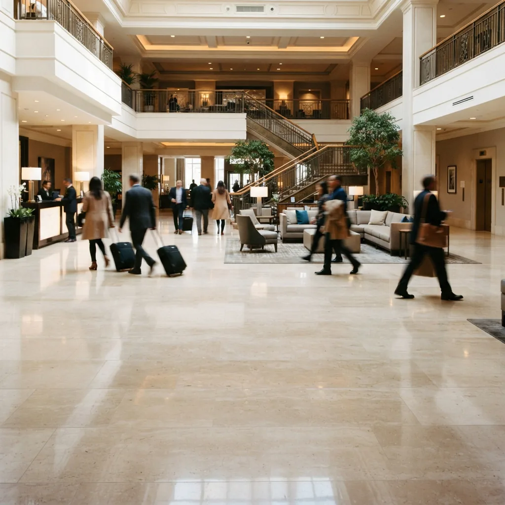 A polished stone floor in a commercial hotel lobby with guests walking.