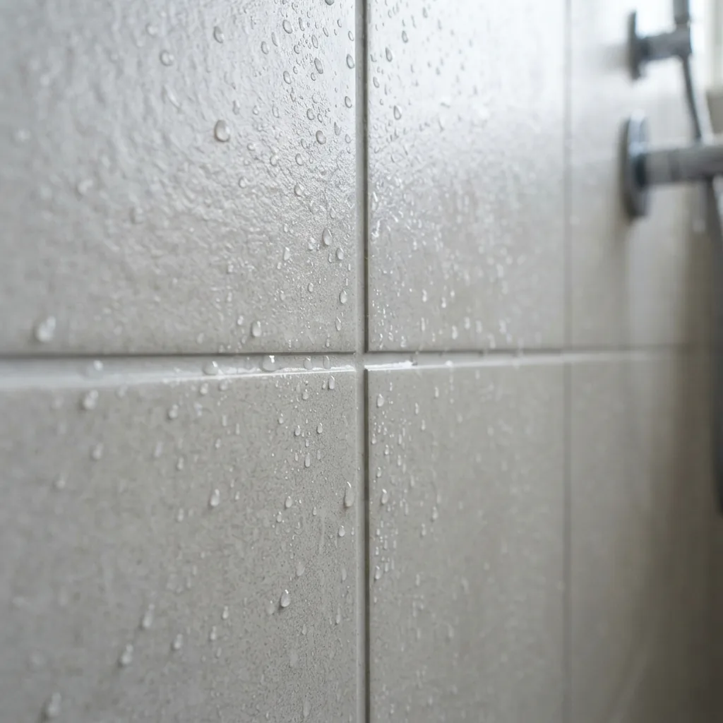 A clean, sealed grout line between two tiles in a modern shower stall.