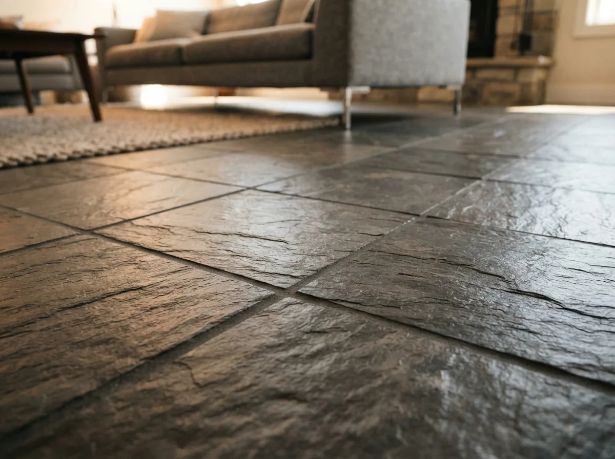 A close view of a sealed slate tile floor in a modern living area, showcasing a clean, protected surface.
