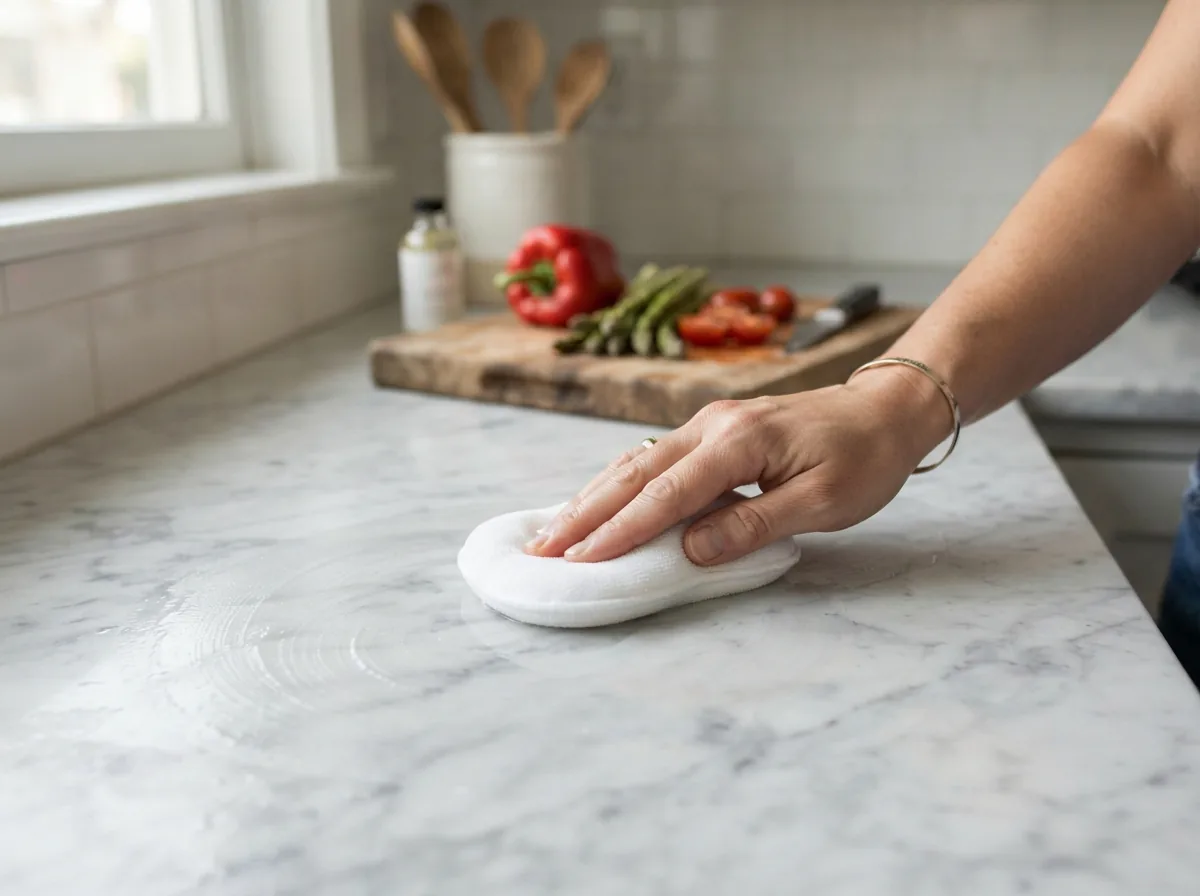 A person applying the sealer to a kitchen countertop near food preparation items