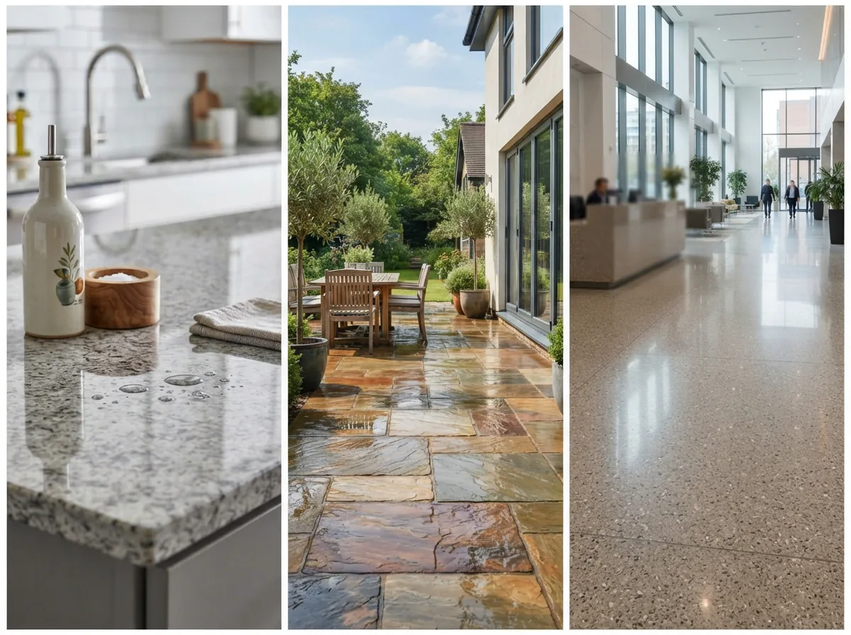 Collage of sealed surfaces including kitchen granite, outdoor patio, and commercial floor.