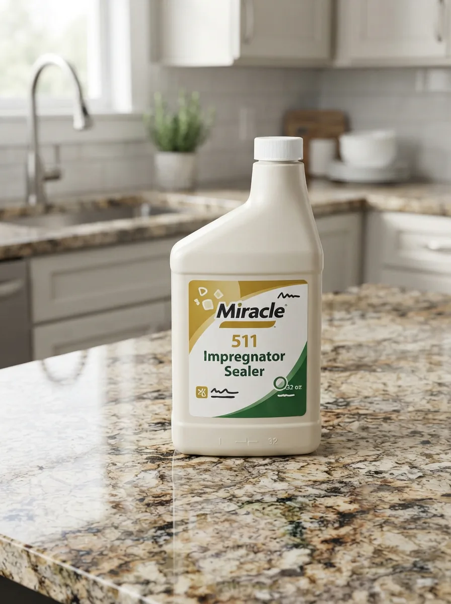 A 32 oz bottle of Miracle 511 Impregnator Sealer positioned prominently on a sealed granite countertop.