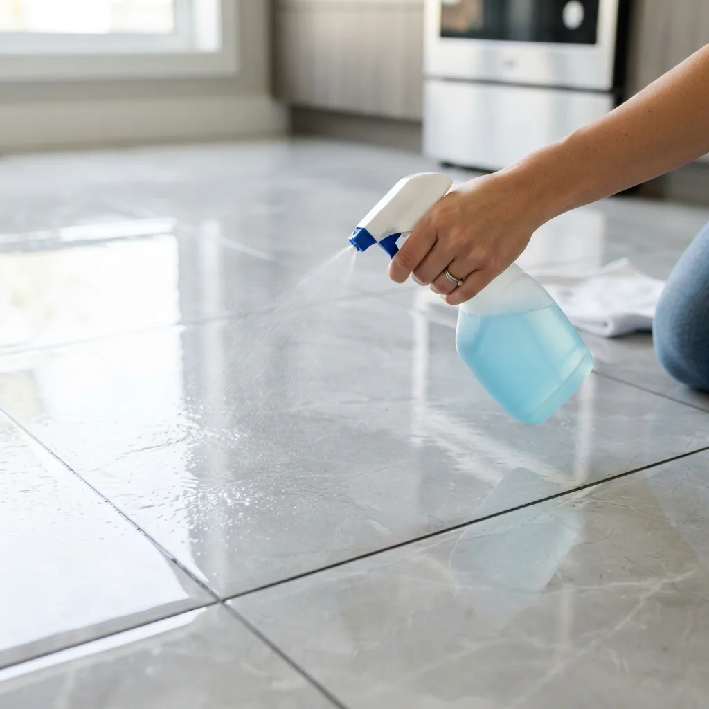 A hand spraying pH-neutral cleaner onto a glossy porcelain tile.
