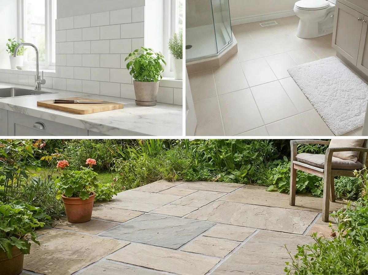 A collage of three scenes: a kitchen, a bathroom, and an outdoor patio, all featuring clean, sealed grout lines.