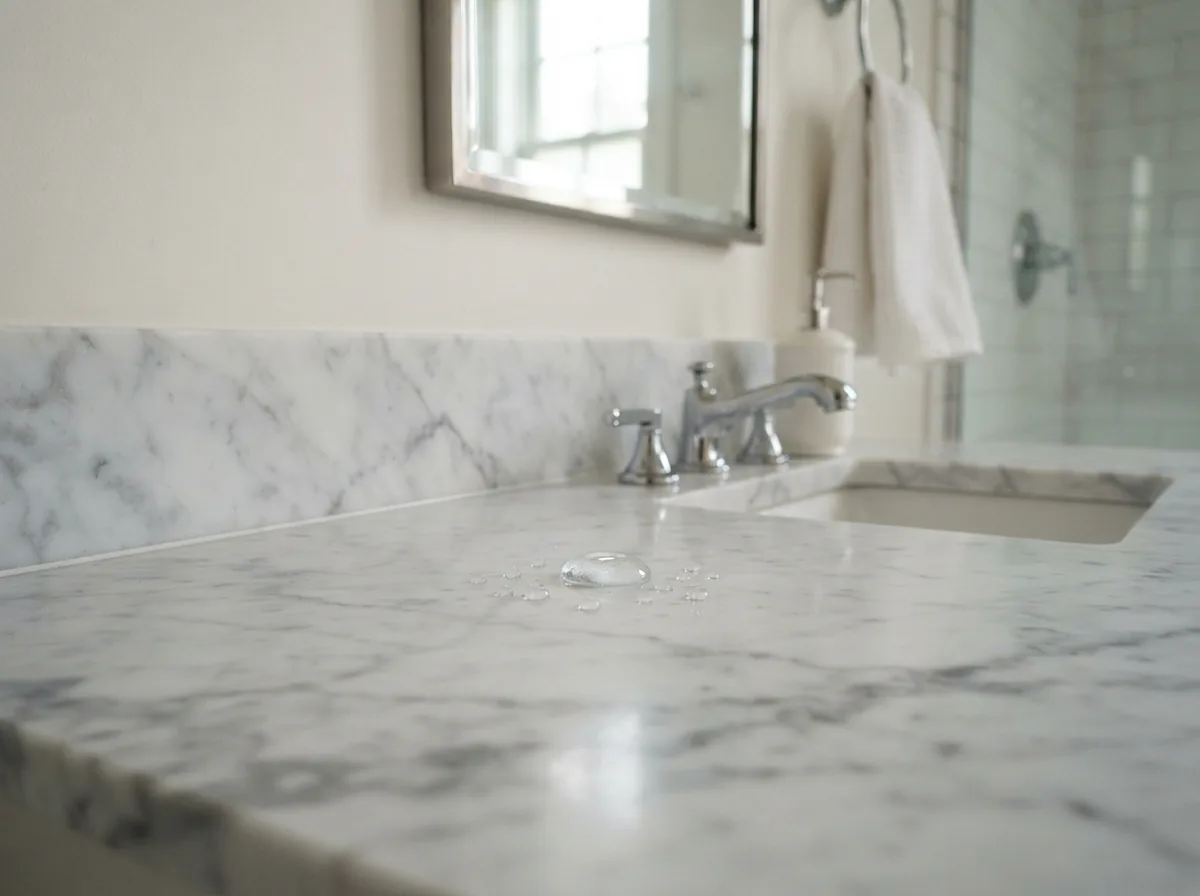 A marble bathroom vanity top and backsplash appear dry and protected after a splash of water.