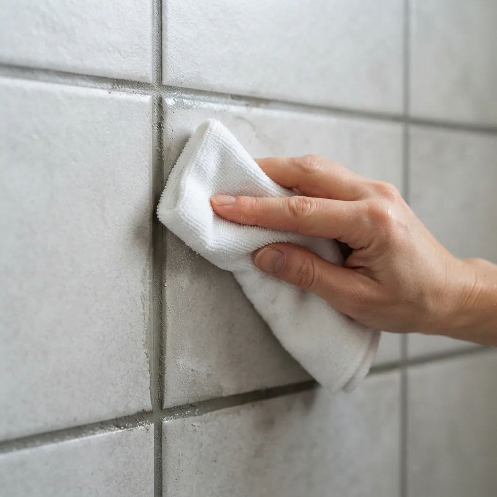 A hand wiping excess sealer from the surface of a tile with a clean white cloth.