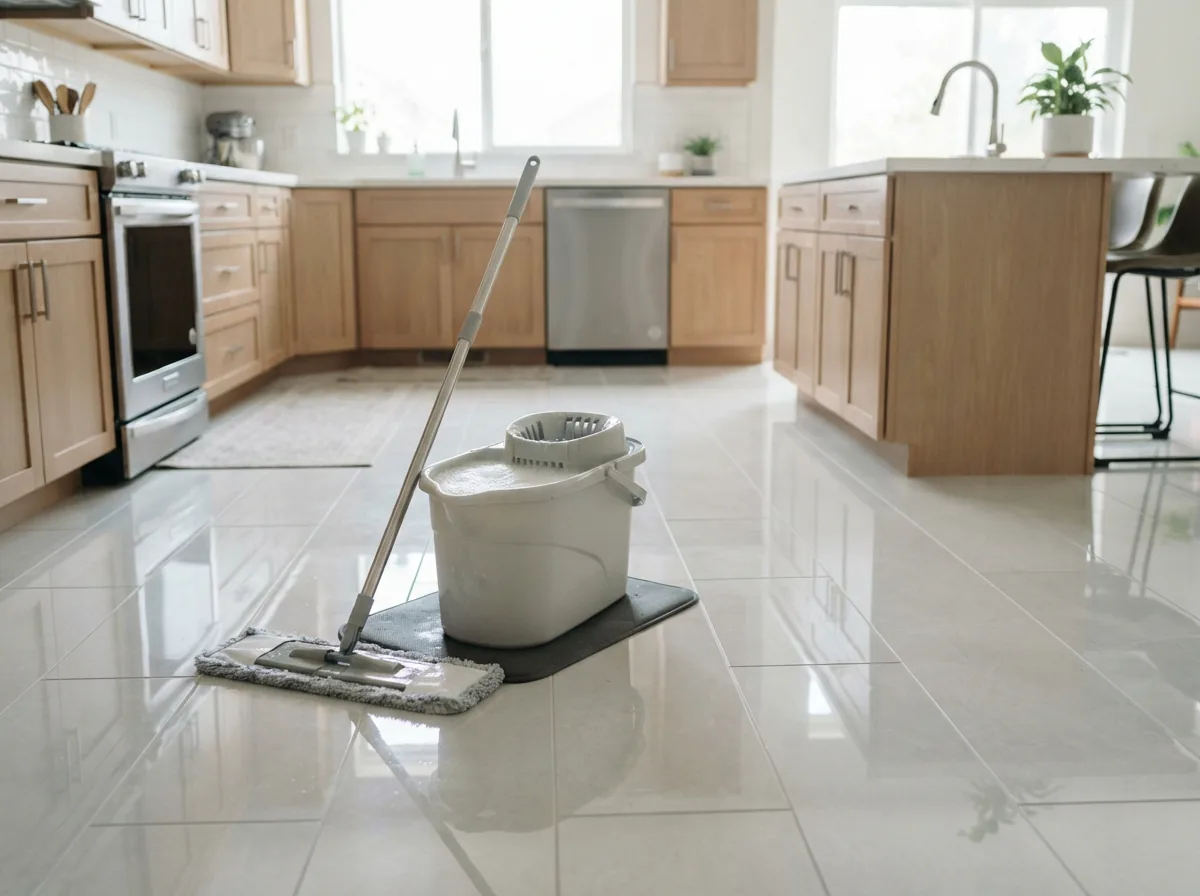 A mop bucket filled with no-rinse cleaner solution next to a clean kitchen floor.
