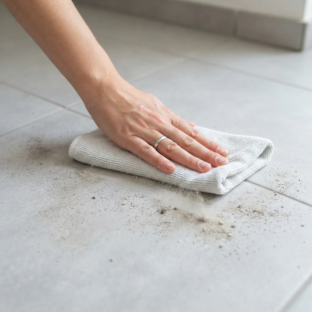 A dry cloth removing loose dust and debris from a ceramic tile floor surface.
