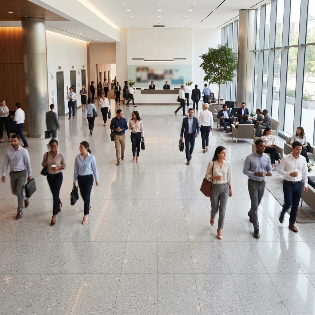 A clean, high-traffic commercial lobby floor with polished tiles and well-sealed grout lines.