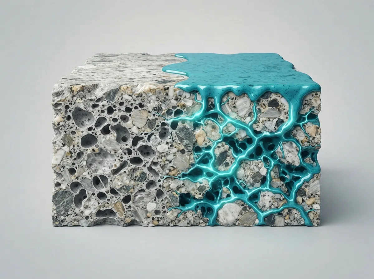 Microscopic view illustrating the penetrating sealant creating a protective barrier within the stone's pores.
