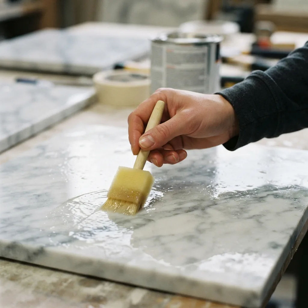 A foam applicator saturating a marble tile with clear sealer.