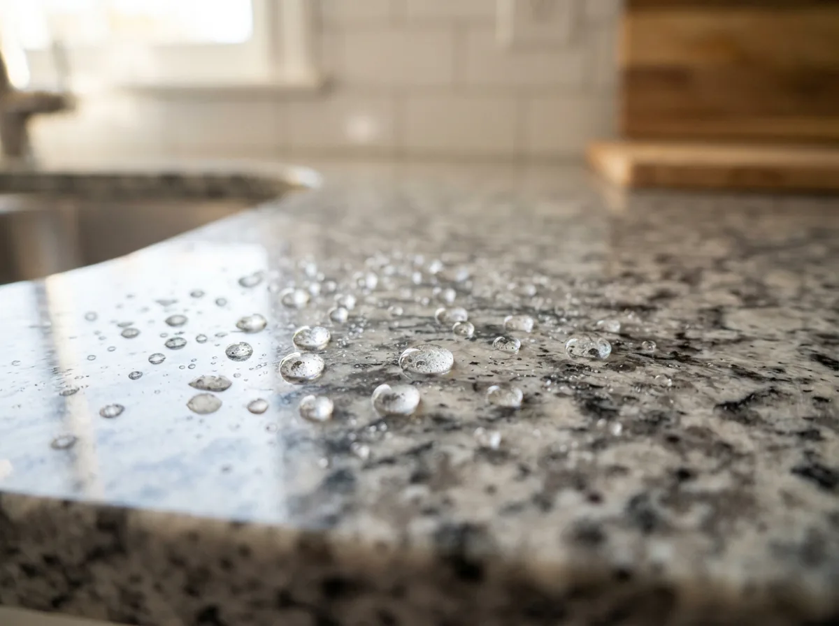 Water droplets beading on a polished granite countertop sealed with a clear penetrating sealer.