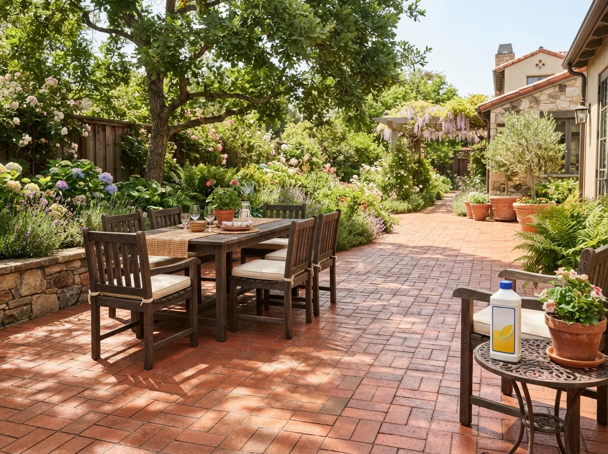 A sunlit exterior brick patio with furniture, showing the sealer's UV protection on the surface.
