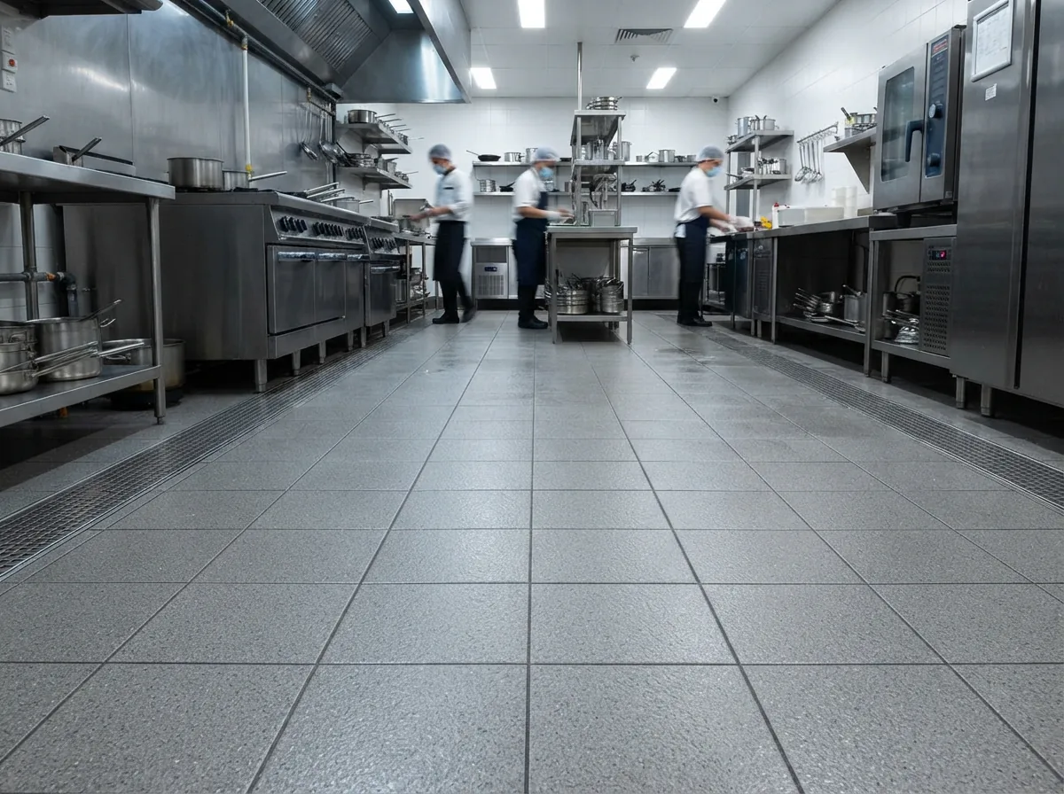 Sealed ceramic floor tiles in a commercial kitchen environment, highlighting food-safe protection.
