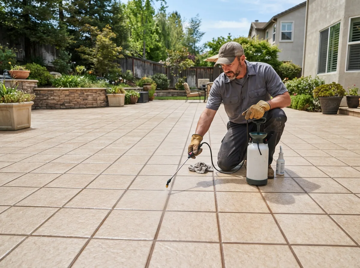 A professional contractor using the spray sealer on the grout of a tiled patio floor.