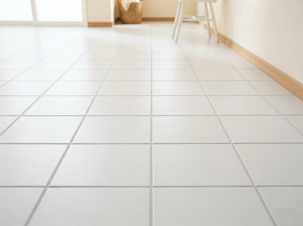 A section of pristine white tile floor with perfectly clean, protected grout lines, demonstrating the sealer's natural, invisible finish.