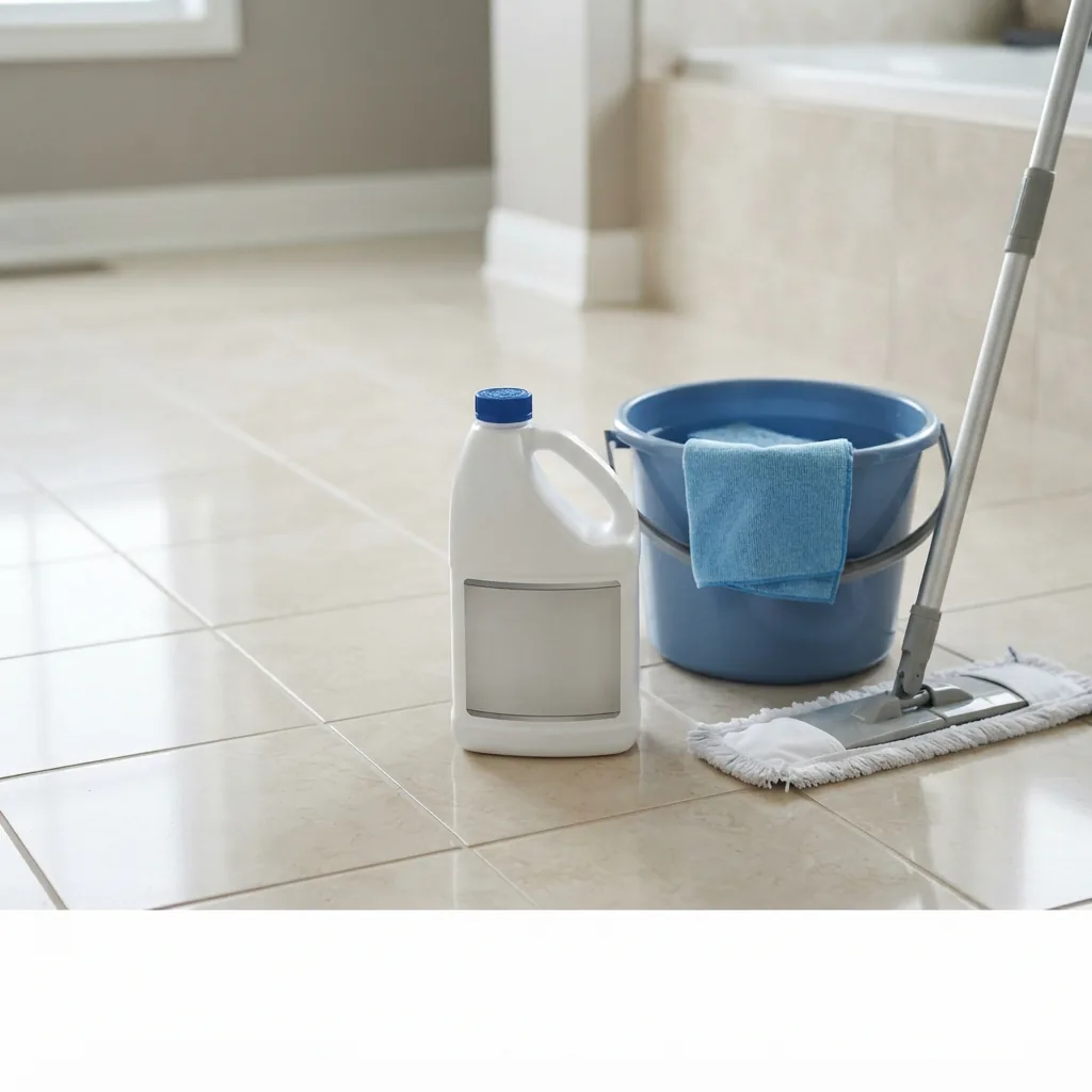 A bottle of Miracle Sealants Tile & Stone Cleaner next to a bucket and mop.