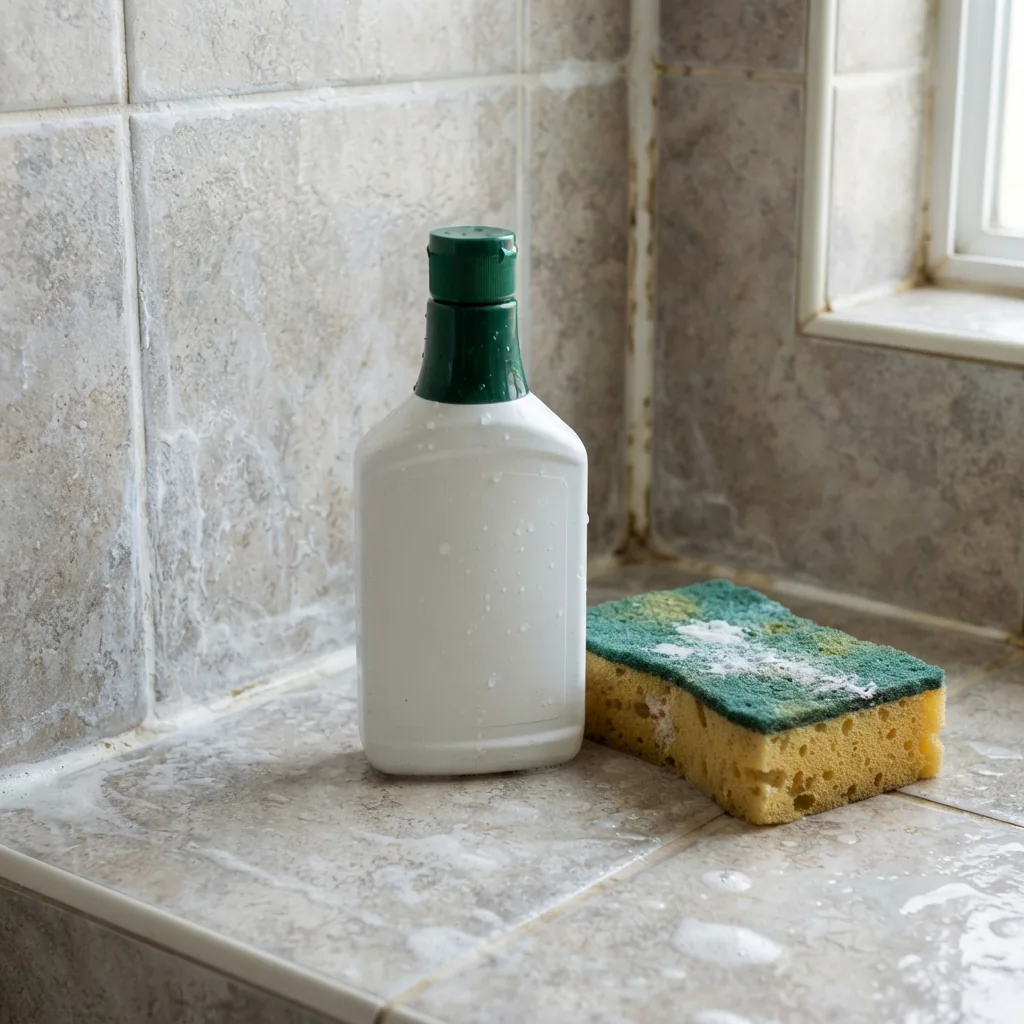 The acidic deep clean bottle next to a sponge and a tile with soap scum.