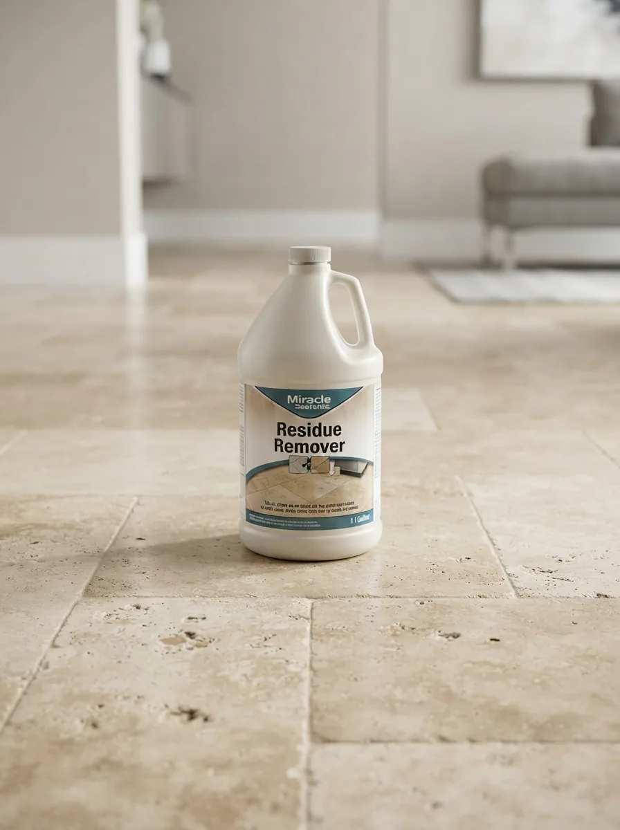 A gallon bottle of Miracle Residue Remover placed on a clean, large-format stone tile floor.