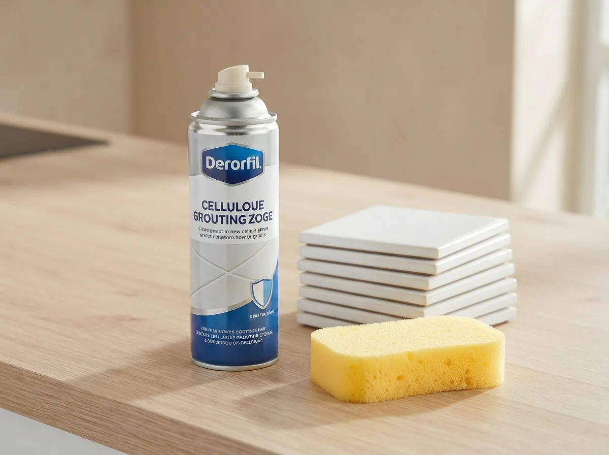 The Miracle 511 Spray-On Grout Sealer can placed next to a stack of clean tiles and a grouting sponge, showing project readiness.