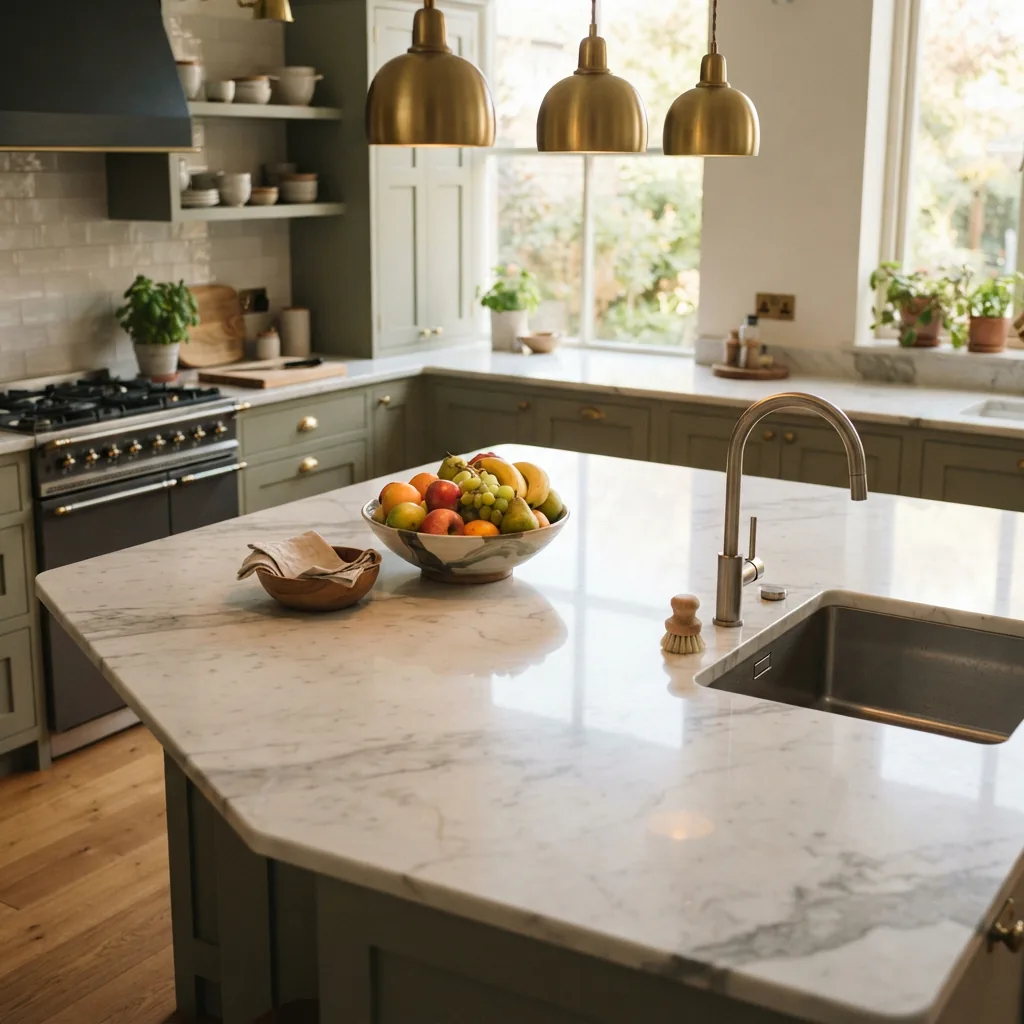 A pristine, sealed marble kitchen countertop with a bowl of fruit and a sink.