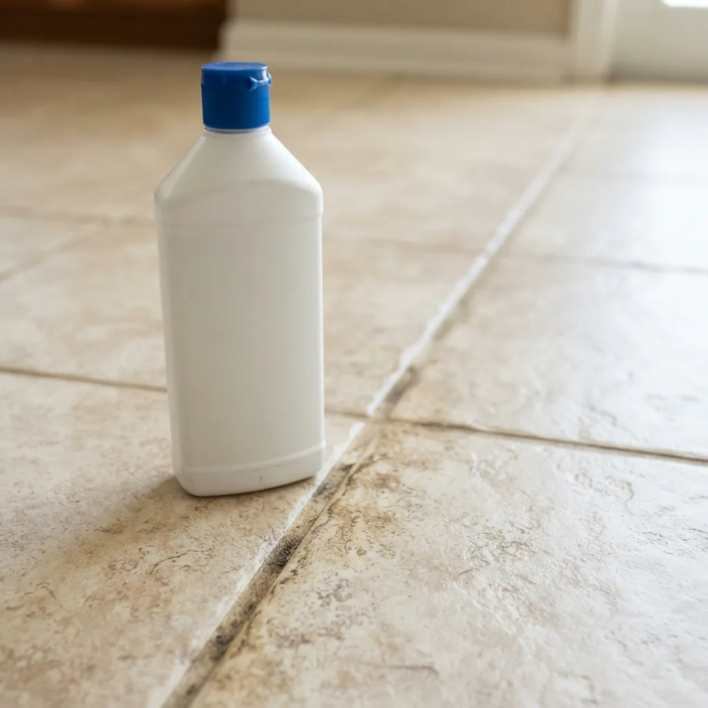 A bottle of the heavy-duty surface-safe cleaner next to a stained grout line.