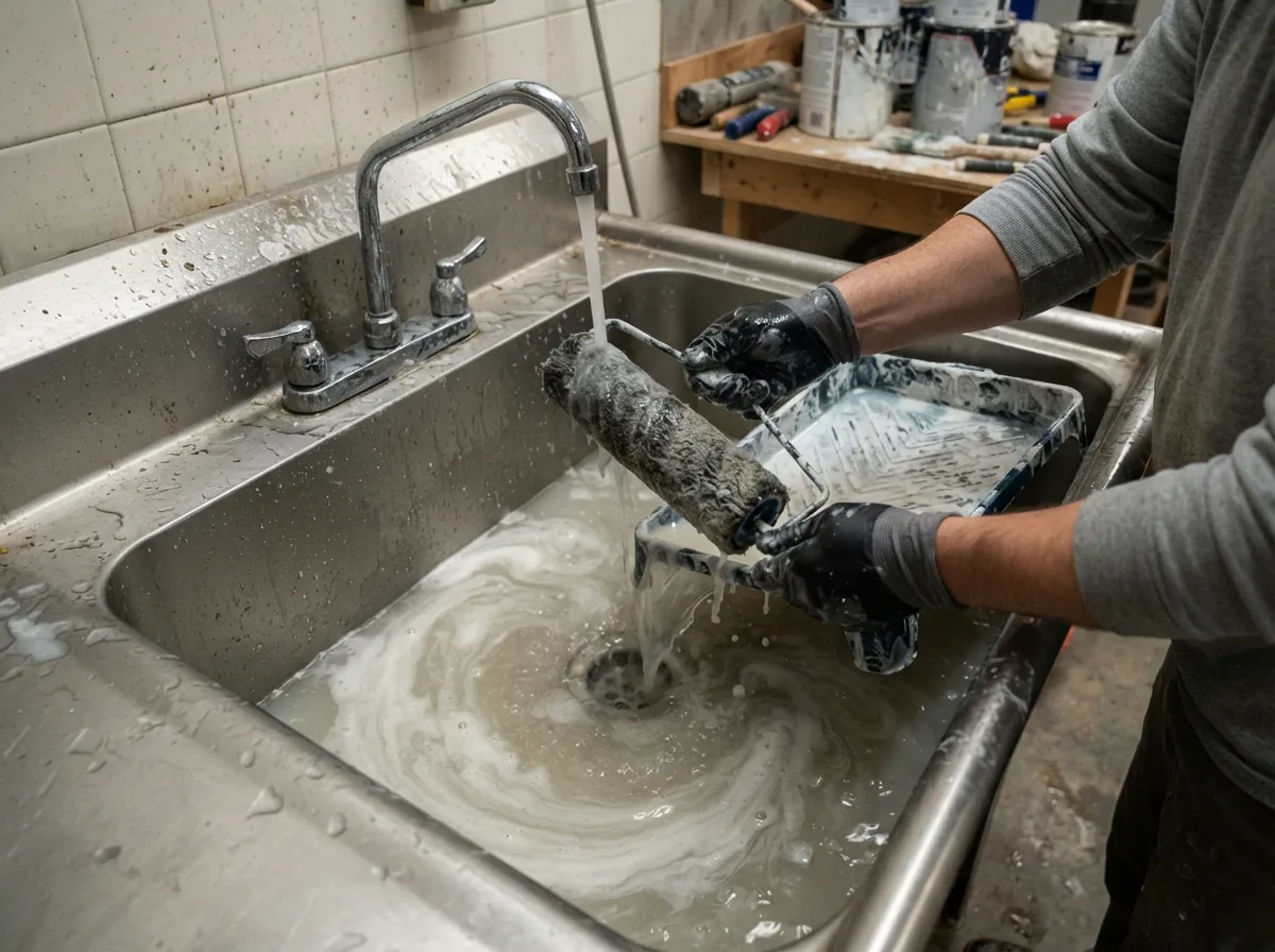 A painter's tray and roller sleeve being cleaned with a liquid in a utility sink.