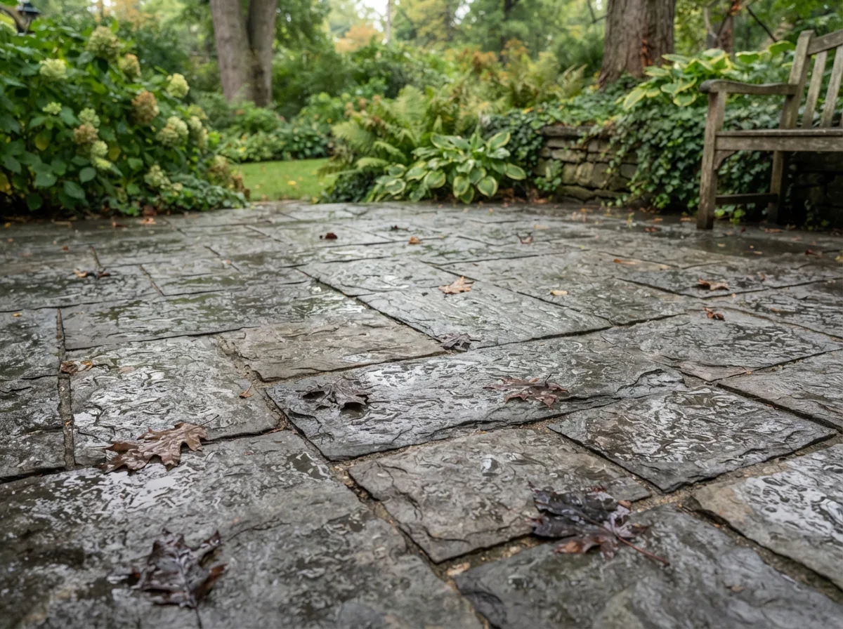 A sealed slate patio surface with leaves and water after rain, demonstrating natural appearance and protection.