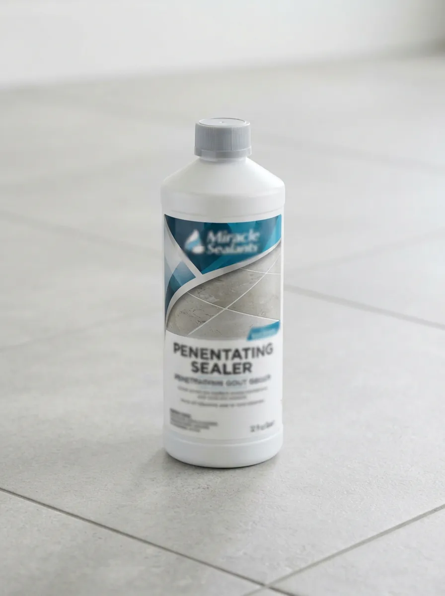 A quart bottle of Miracle Sealants Tile, Stone, & Grout Sealer on a clean, tiled surface.