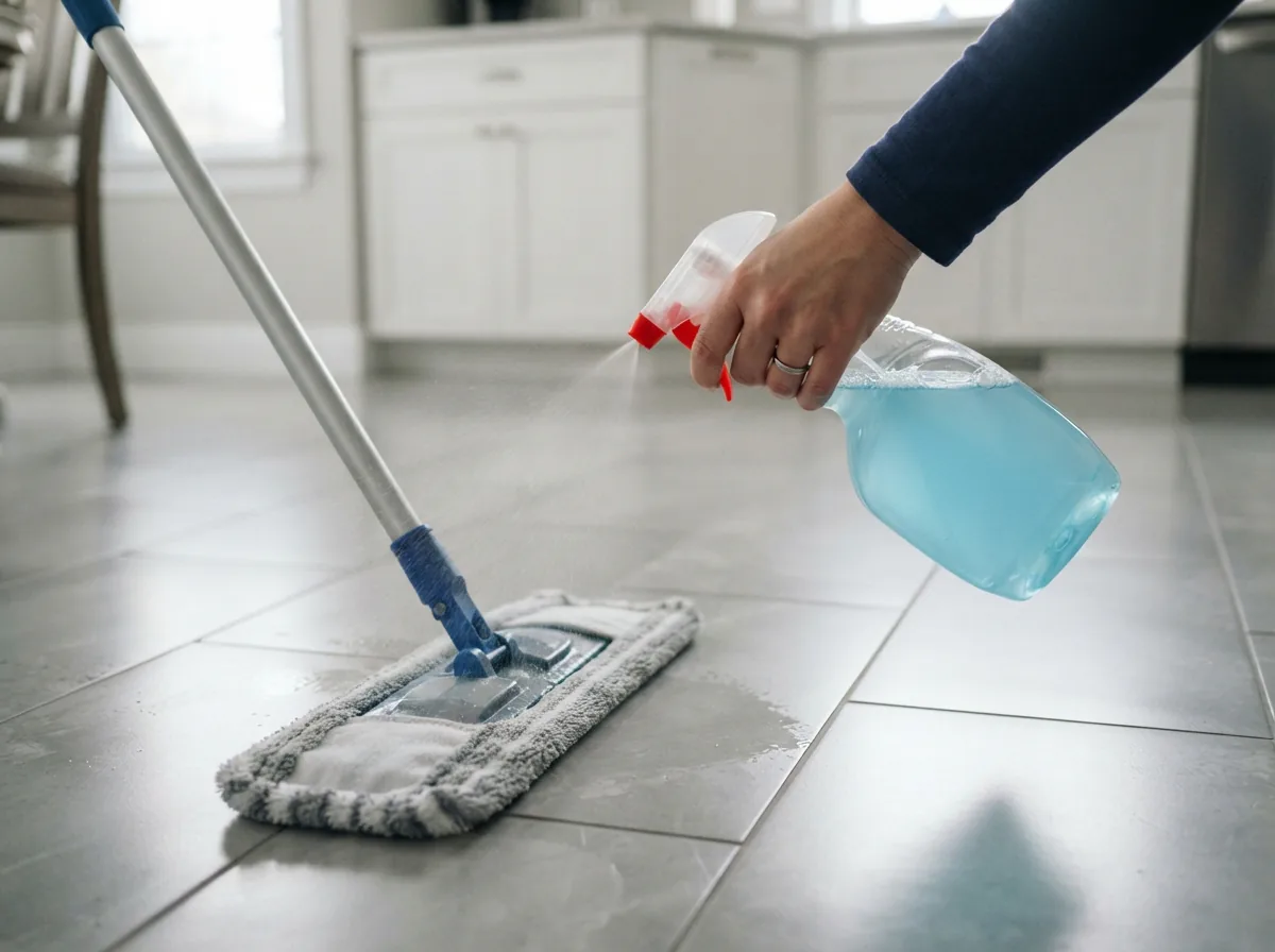 A hand spraying the cleaner onto a microfiber mop pad.