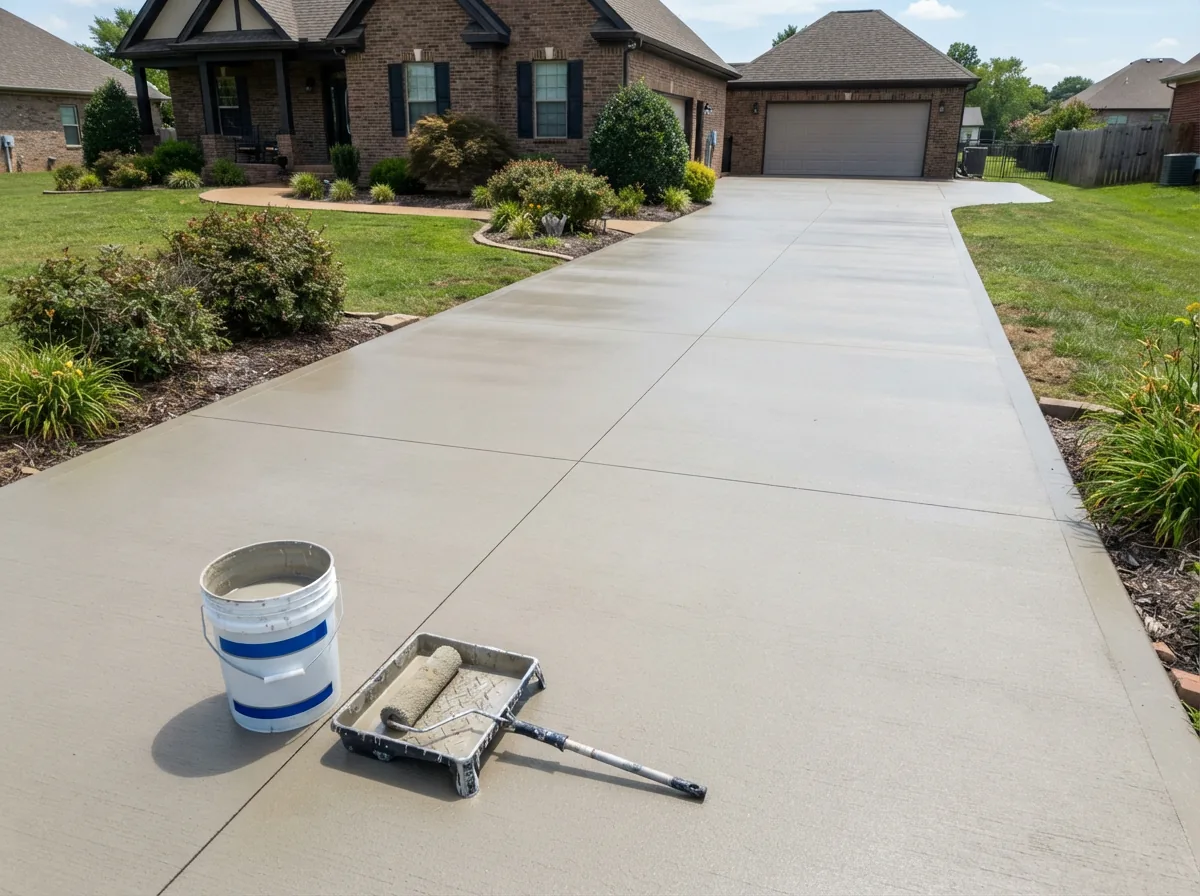 A bucket of sealer and a paint roller next to a large sealed concrete driveway, illustrating coverage area.