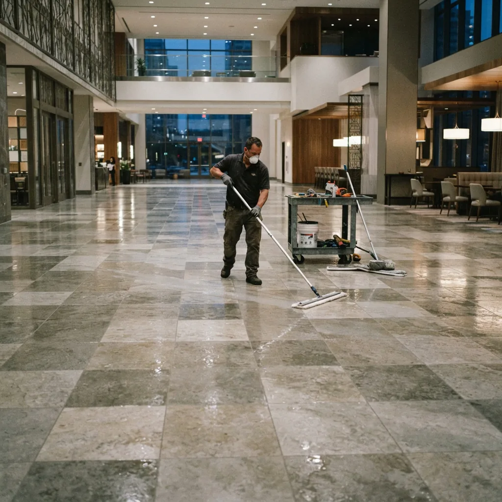 A professional contractor sealing a large floor area in a commercial space