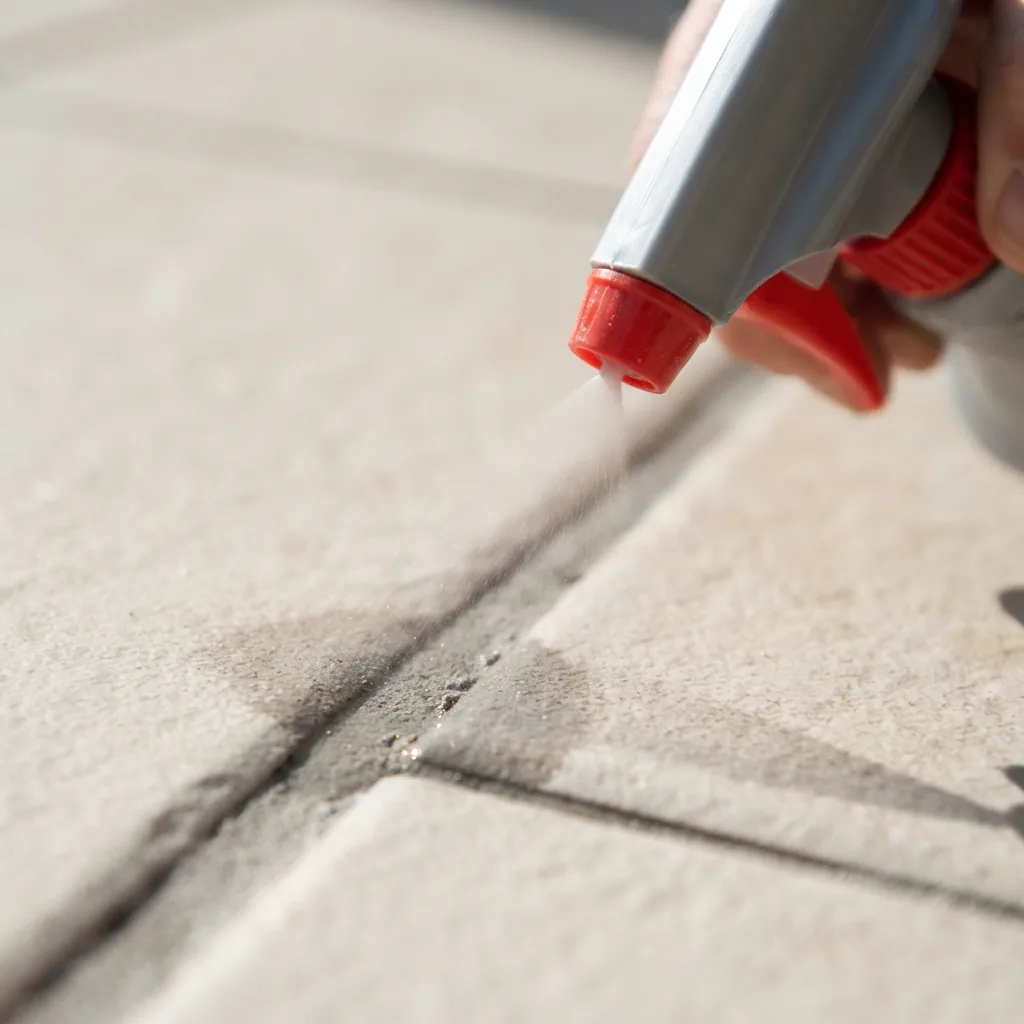 A close-up of the spray nozzle applying an even mist of sealer to a grout line.