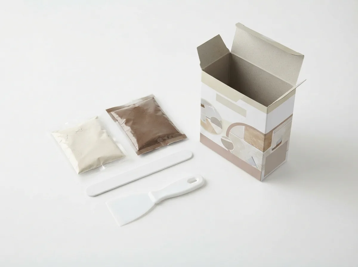 The Miracle Travertine Filler Kit components laid out: powders, mixing stick, and putty knife.