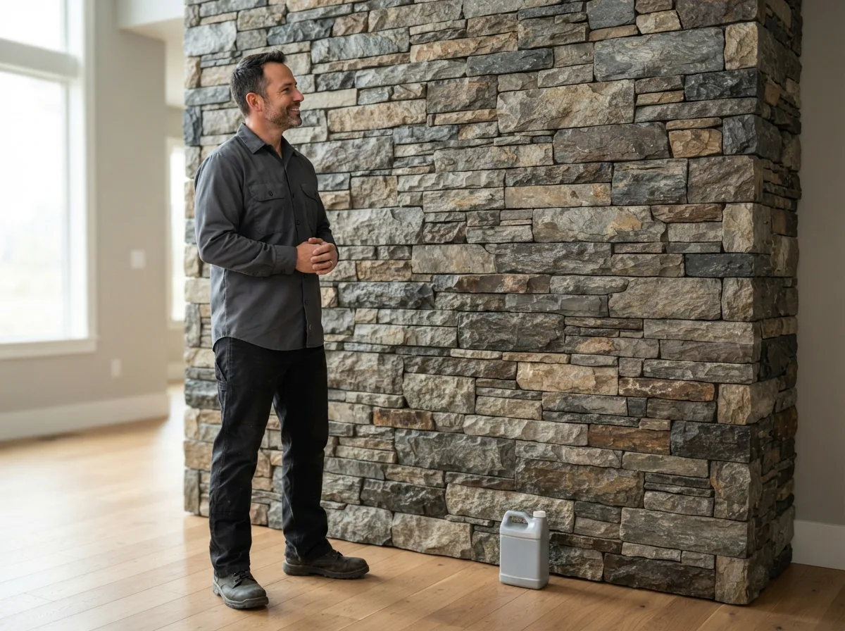 A professional contractor inspecting a finished, sealed natural stone wall, showing a satisfied result.
